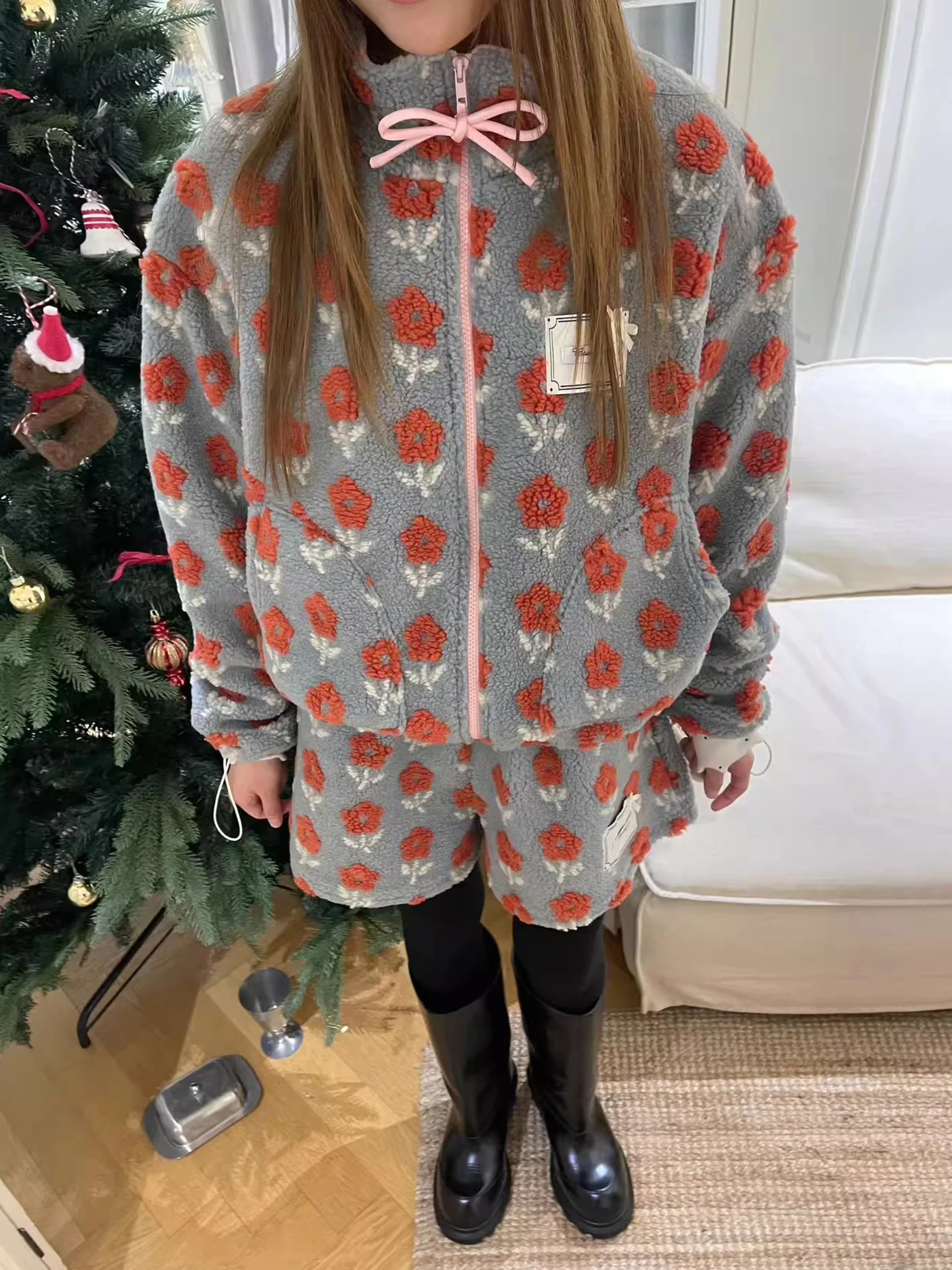 Retro Floral Print Lamb Fur Cotton Jaet Women's Autumn Winter High Waist Slimming Wide Leg ort Pants Two Piece Set