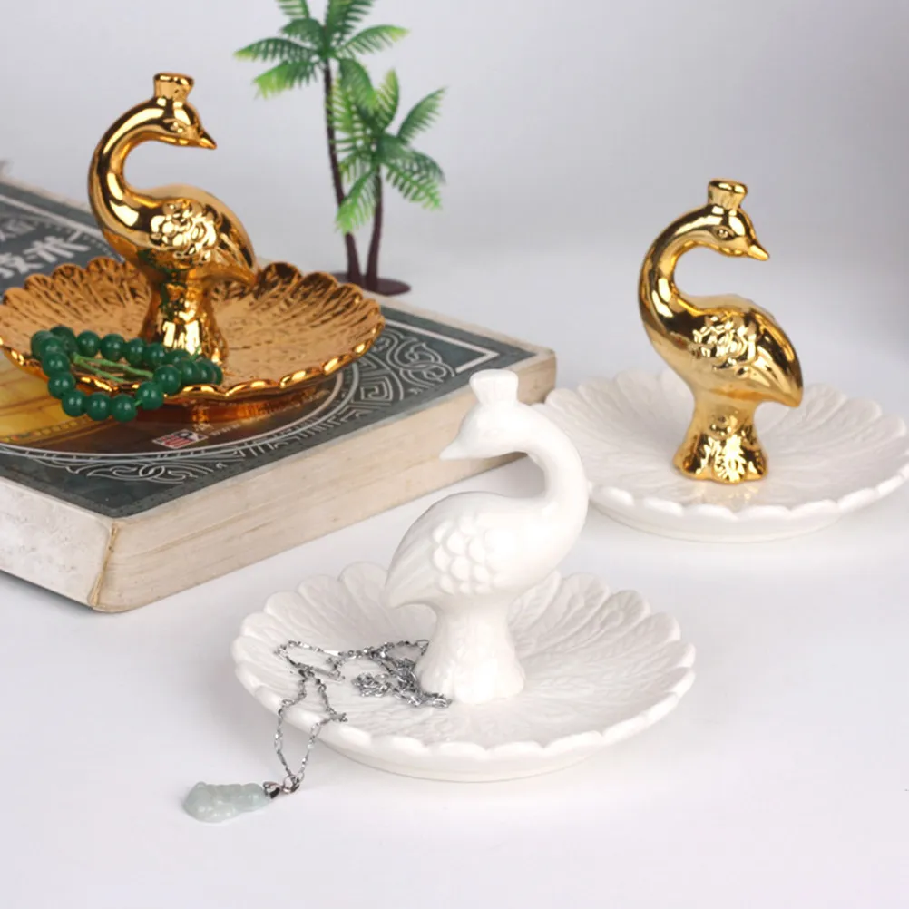 Stylish Porcelain Jewelry Dish Gold Peacock Pattern Trinket Tray for Rings Earrings Necklaces Bracelets Keys Hair Bands Dresser