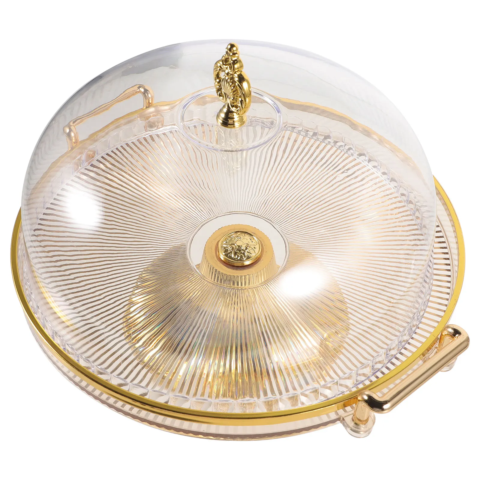 

Golden Cake Stand with Dome Fruits Serving Tray Plastic Dessert Plate Display Holder for Wedding Party Shop Window