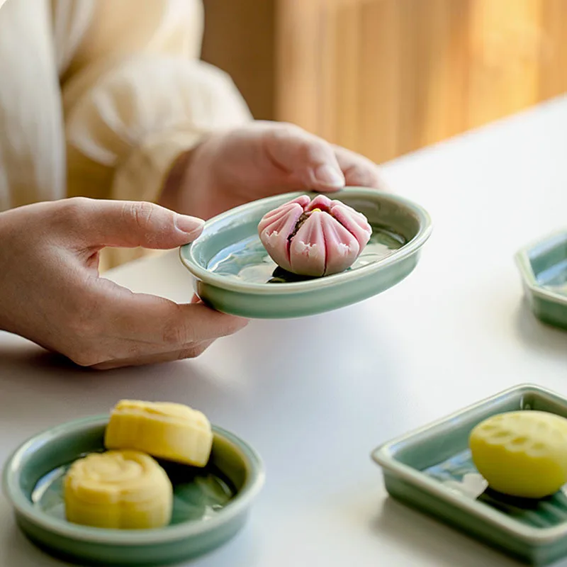 Creative Celadon Embossed Art Fruit Plate Shallow Ceramic Tea Dish Snack Dried Fruit Food Storage Tray Basket Candy Cake Stand