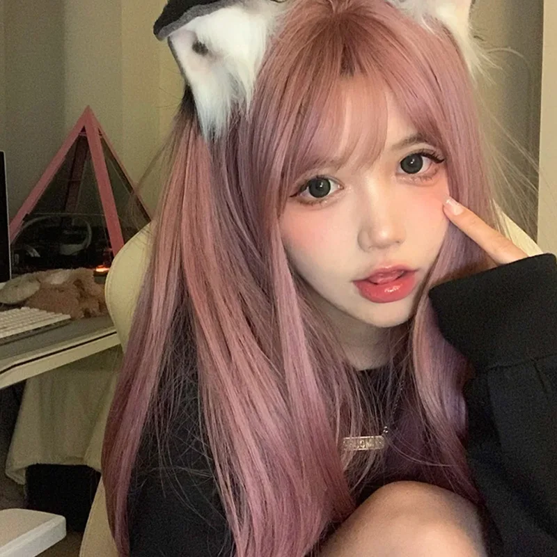 Peruka Cosplay w stylu koreańskim, pikantna dziewczyna, długie proste włosy, letnia, cienka, winoroślowa róż, Lolita, naturalna, rozmiar L