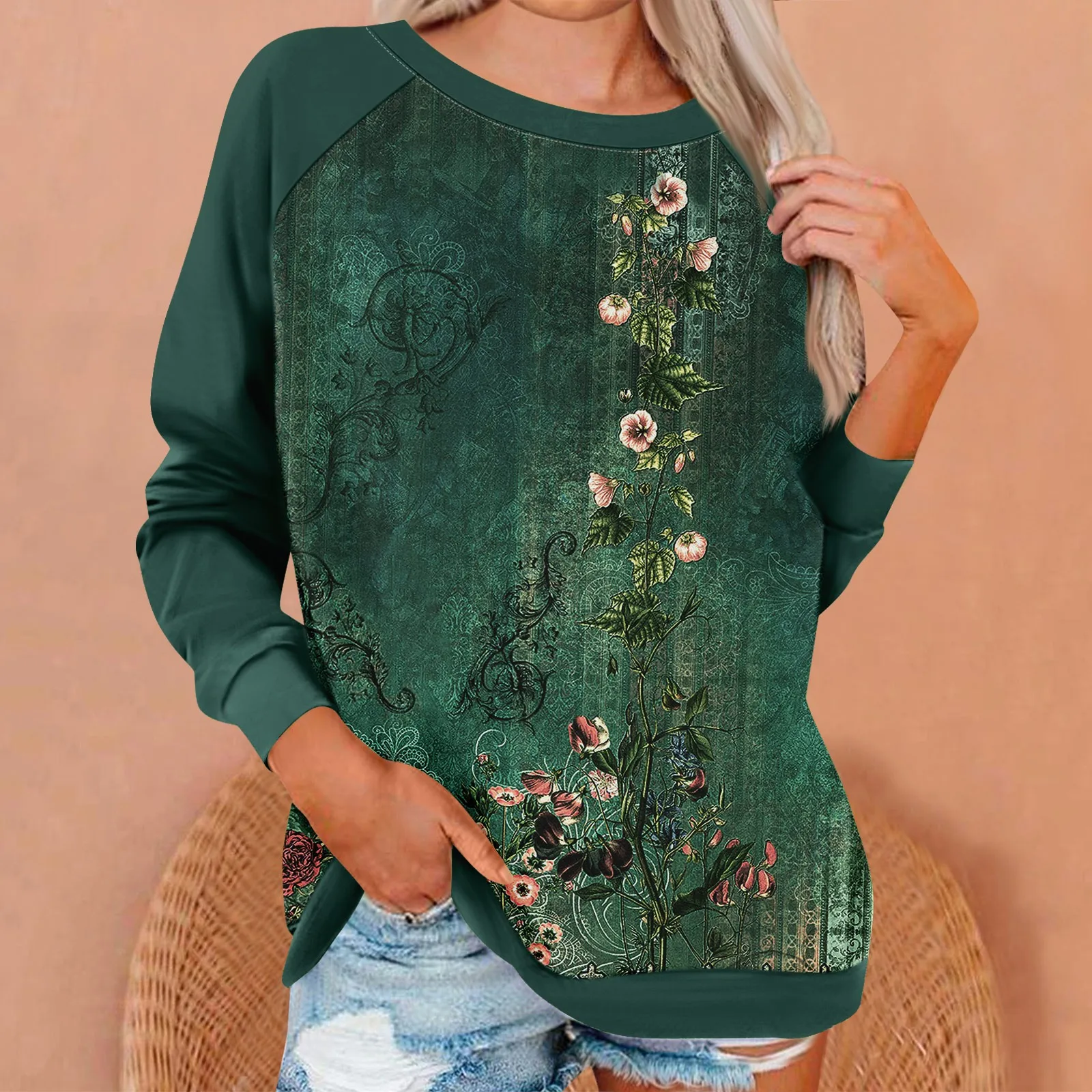 Damen ethnischen Stil Blumen gedruckt lose Langarm Rundhals Pullover Top Mode Retro lässig und vielseitig dünnes Hemd