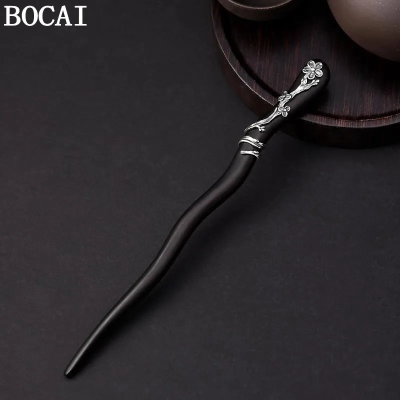 

BOCAI S925 Sterling Silver Hair Accessories for Women New Fashion Argentum Flowers Inlaid Sandalwood Hairpin Hair-sticks Jewelry