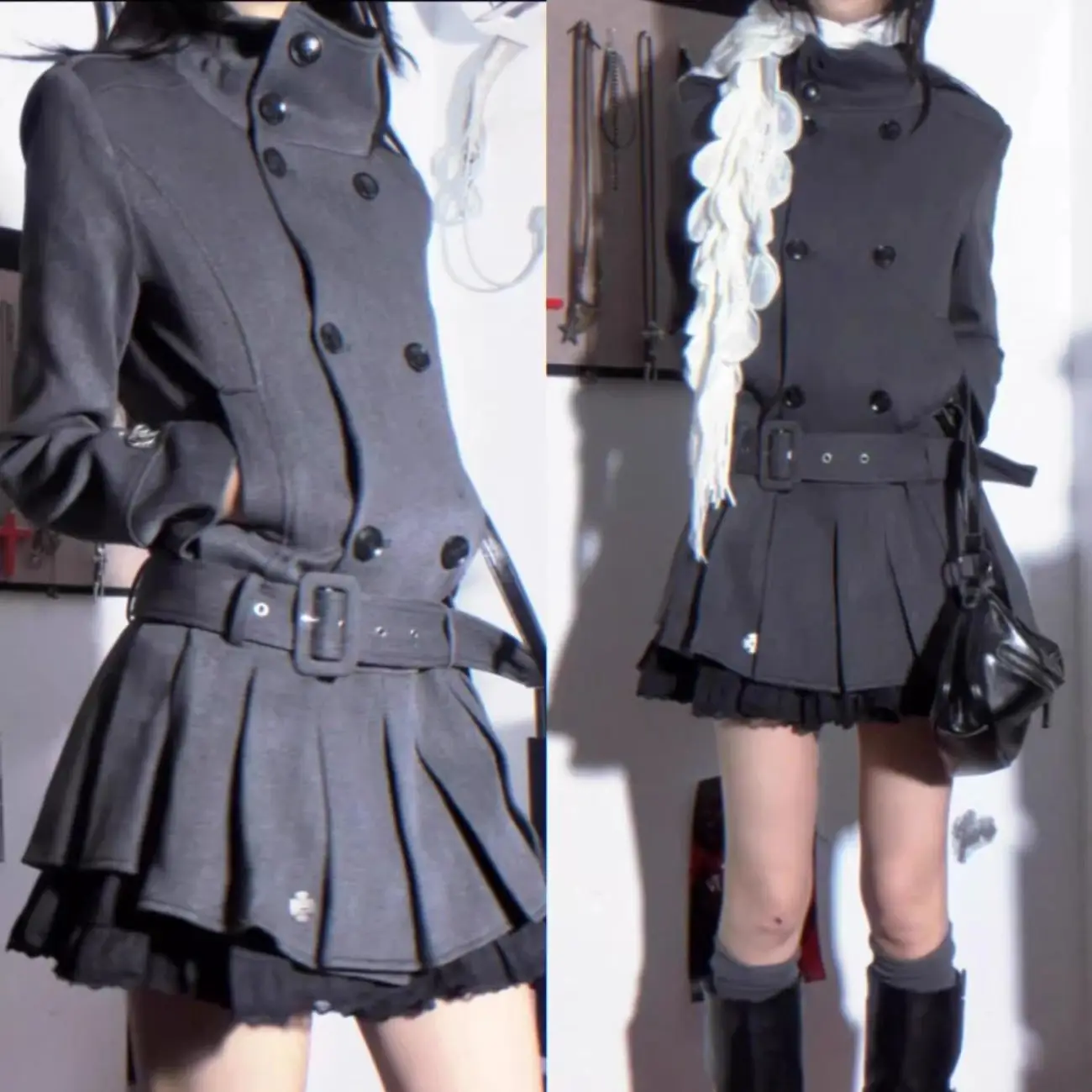 Fashionable Korea Dress Women Double-Breasted Slim Punk Streetwear Short Dresses Gothic Chic Grunge Femme Mini Dress 2026 Coats