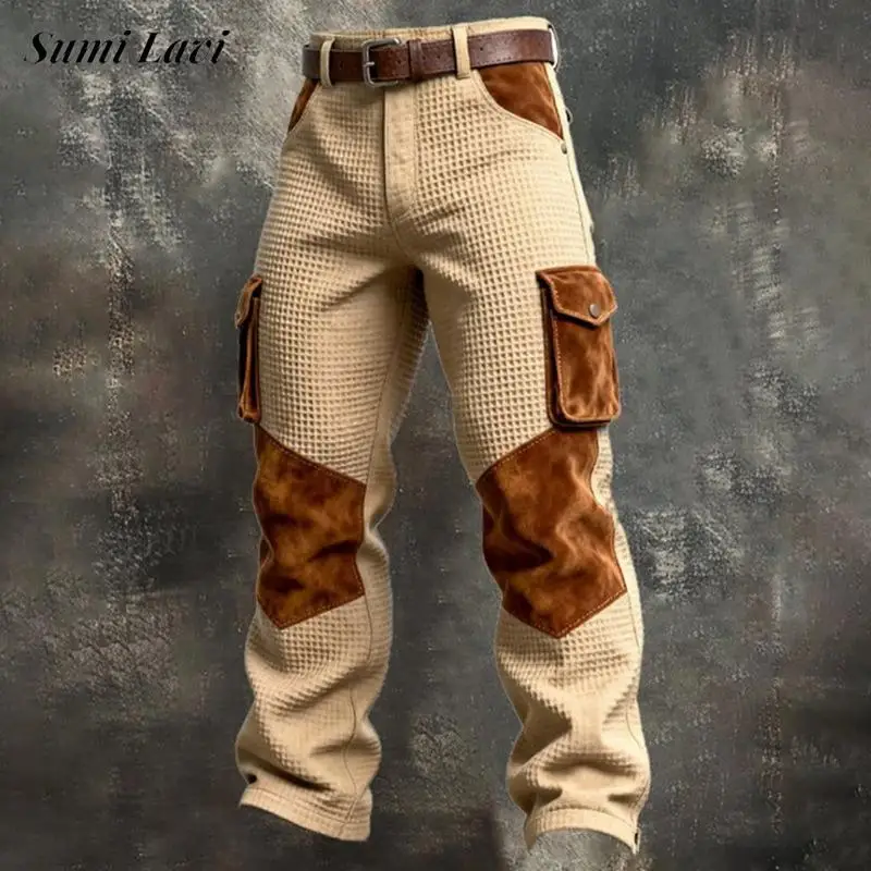 Jeans casuales nuevos de otoño rectos holgados para hombre vintage color contraste textura waffle moda patchwork 3