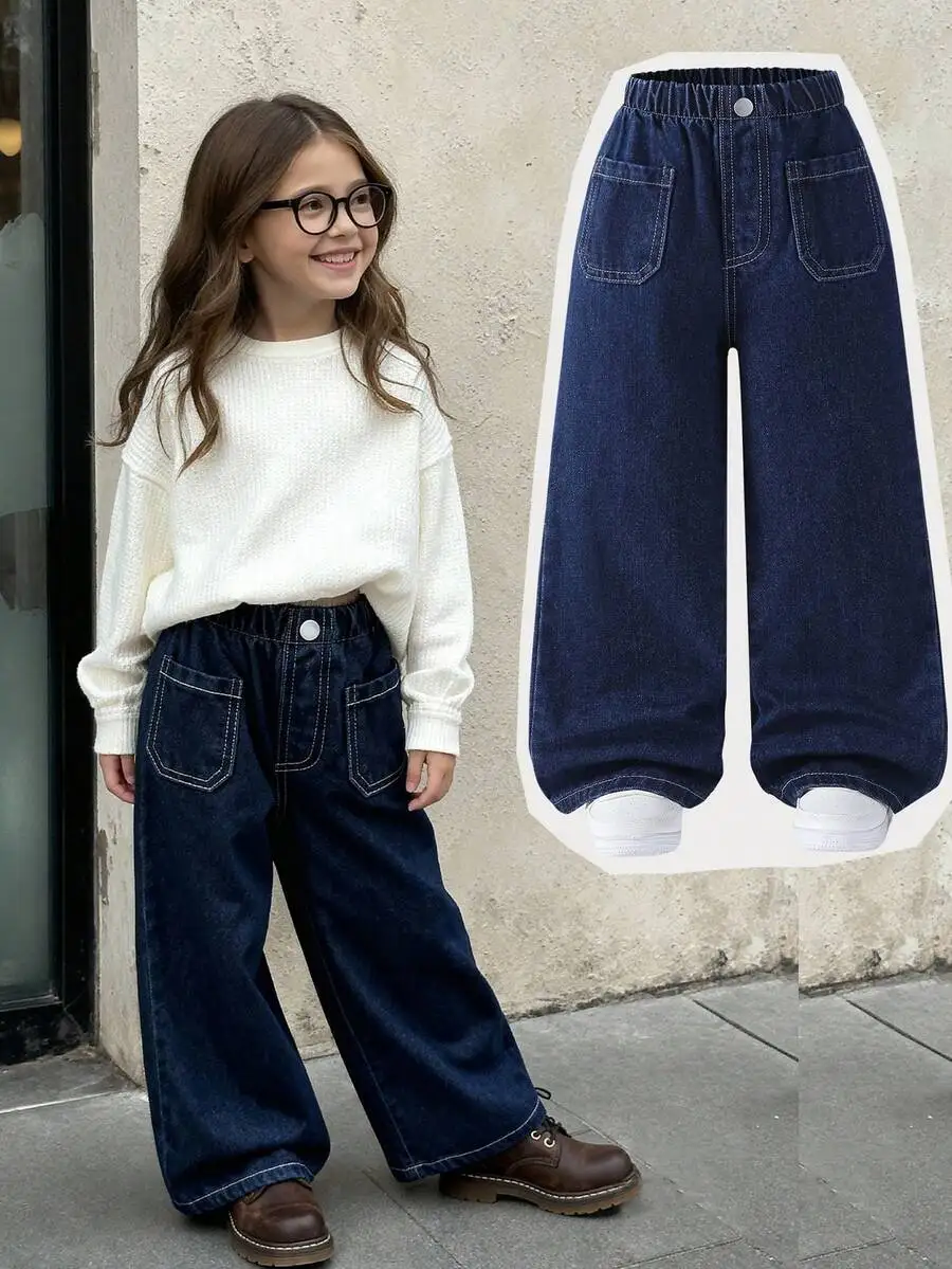 

Deep Blue Wide Leg Denim Jeans For Women Loose Fit Casual Style