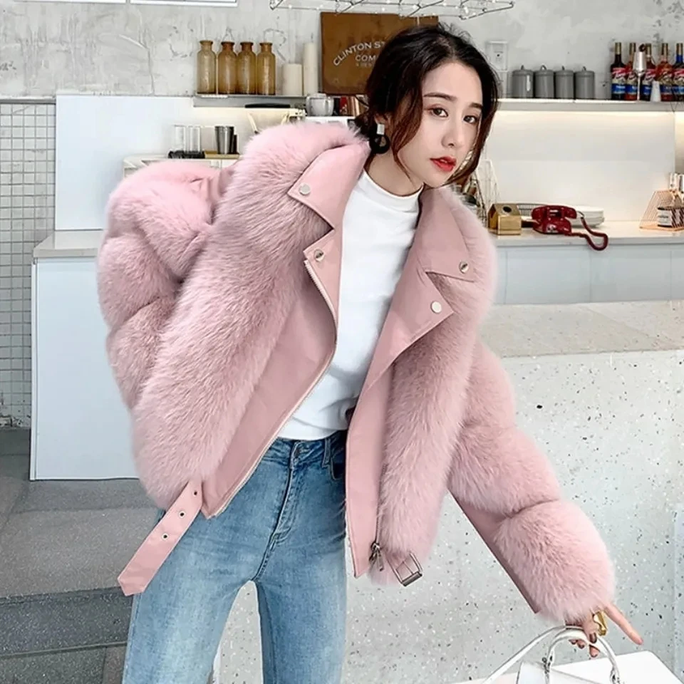 2025 Winter New Imitation Fox Fur Grass Coat Women's Motorcycle Short Jacket Women Thicken Fur Coat Zipper Female Outwear Tops