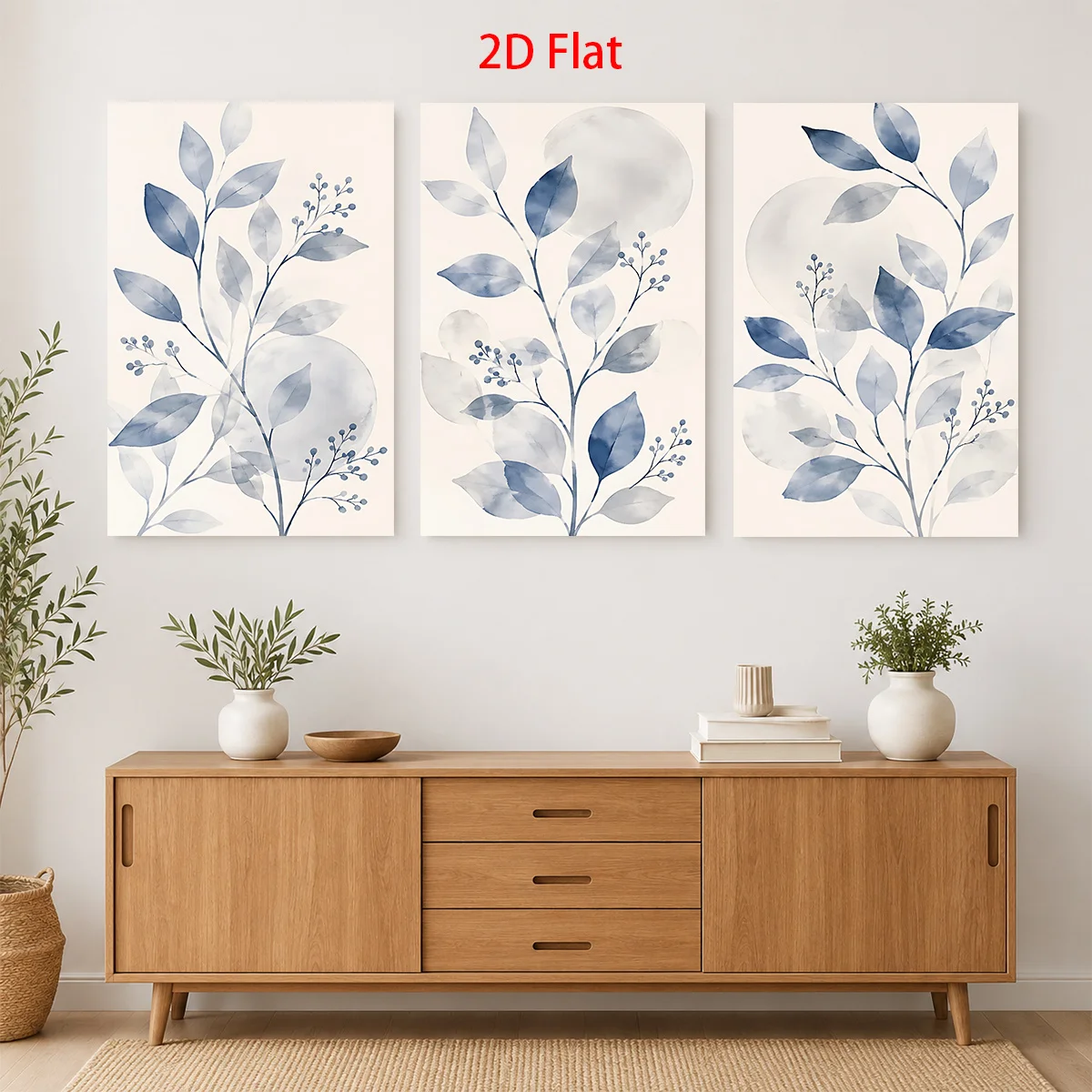 (No frame)2D Flat 3PCS- Three blue leaf paintings with branches and berries on white. Themed Canvas Wall Art, Waterproof Canv