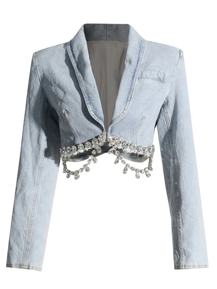 Bpn unregelmäßig gespleißte Diamanten Jeans mantel für Frauen Revers Langarm solide aushöhlen sexy schlanke Jacke weibliche Kleidung Mode