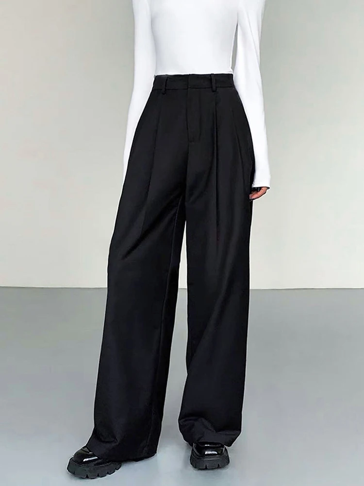 

Jyate Office Black Wide Leg Pants Elegant Pleated High Waist Pants Women Street Chic Pockets Trousers Buttons 2023 Autumn Winter