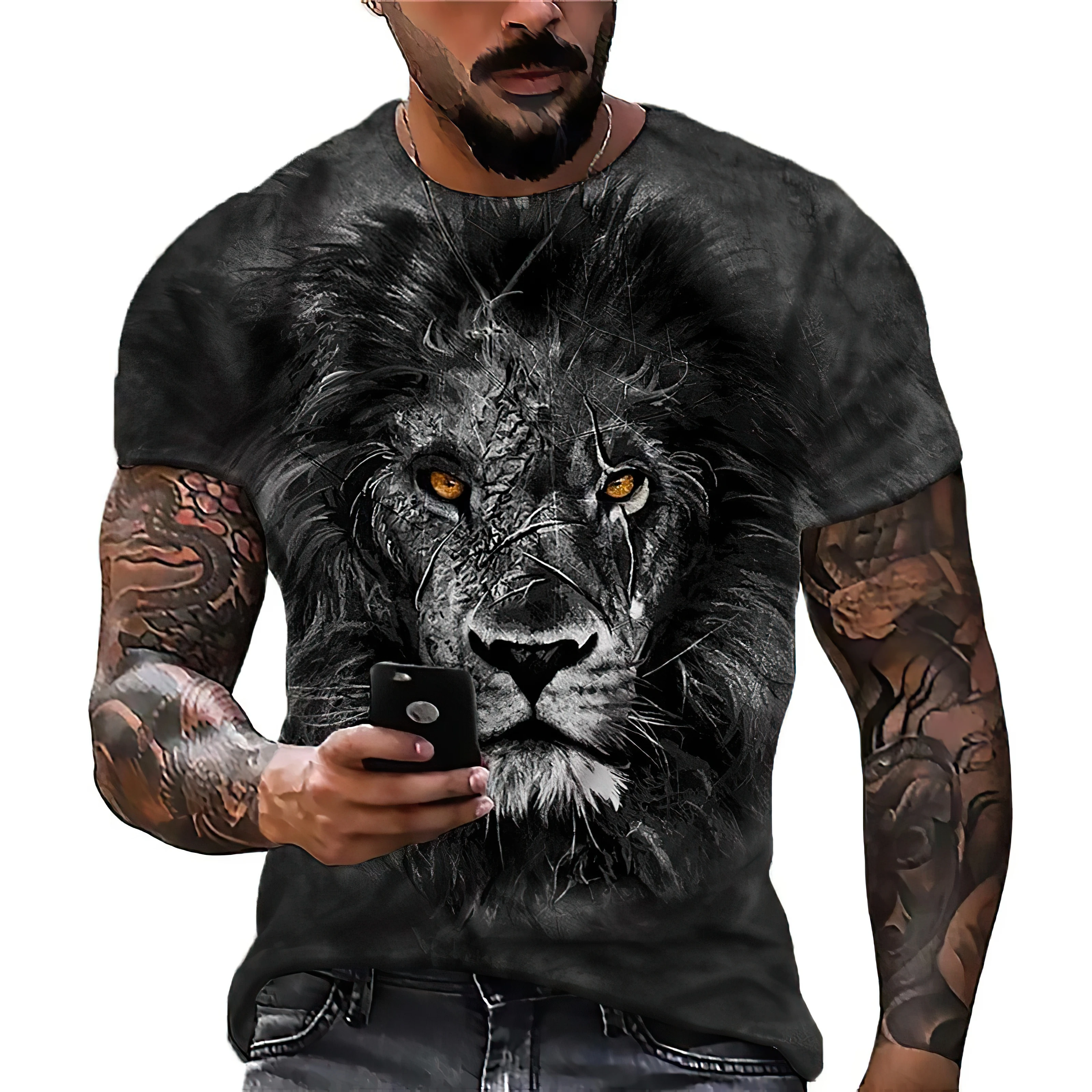 Lion 3D Digital Pattern Print Men\'s Graphic T-shirt Causal Comfy Tees Short Sleeve Pullover Tops Men\'s Summer Outdoor Clothing