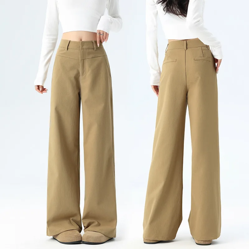 Women High Waist Draped Narrow Wide Leg Suit Pants Spring Slim Straight Casual Trousers