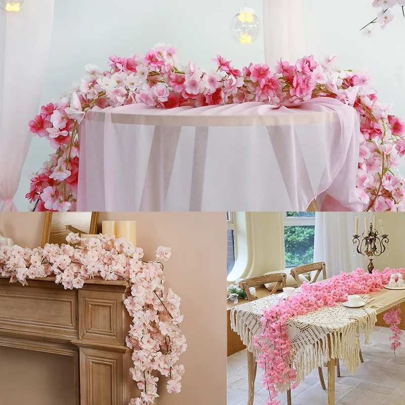 Artificial Rosa Sakura Flores Guirlanda, Flores De Cerejeira Videiras, Decoração De Arco De Jardim, Flor Falsa, Festa De Casamento, Decoração De Casa