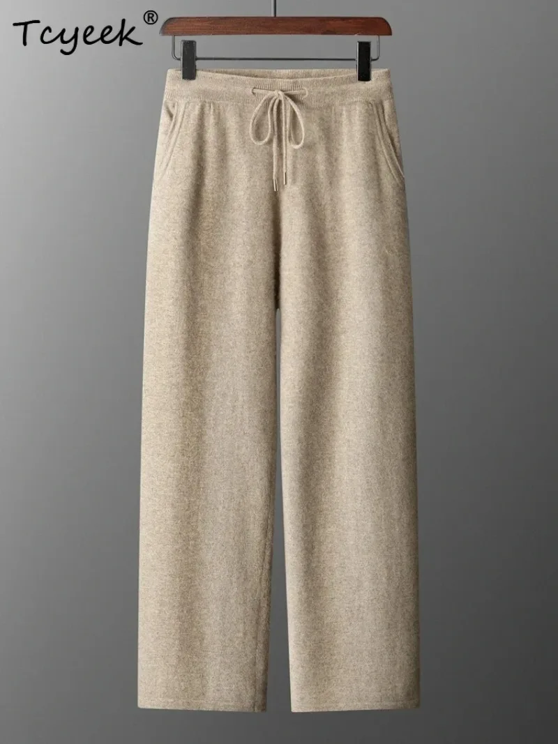 Casual Sweatpants Men's Trousers Wide Leg Pants 100% Cashmere Pant Autumn Winter Straight Pants Warm Lace-up Thin Knitted Sporty