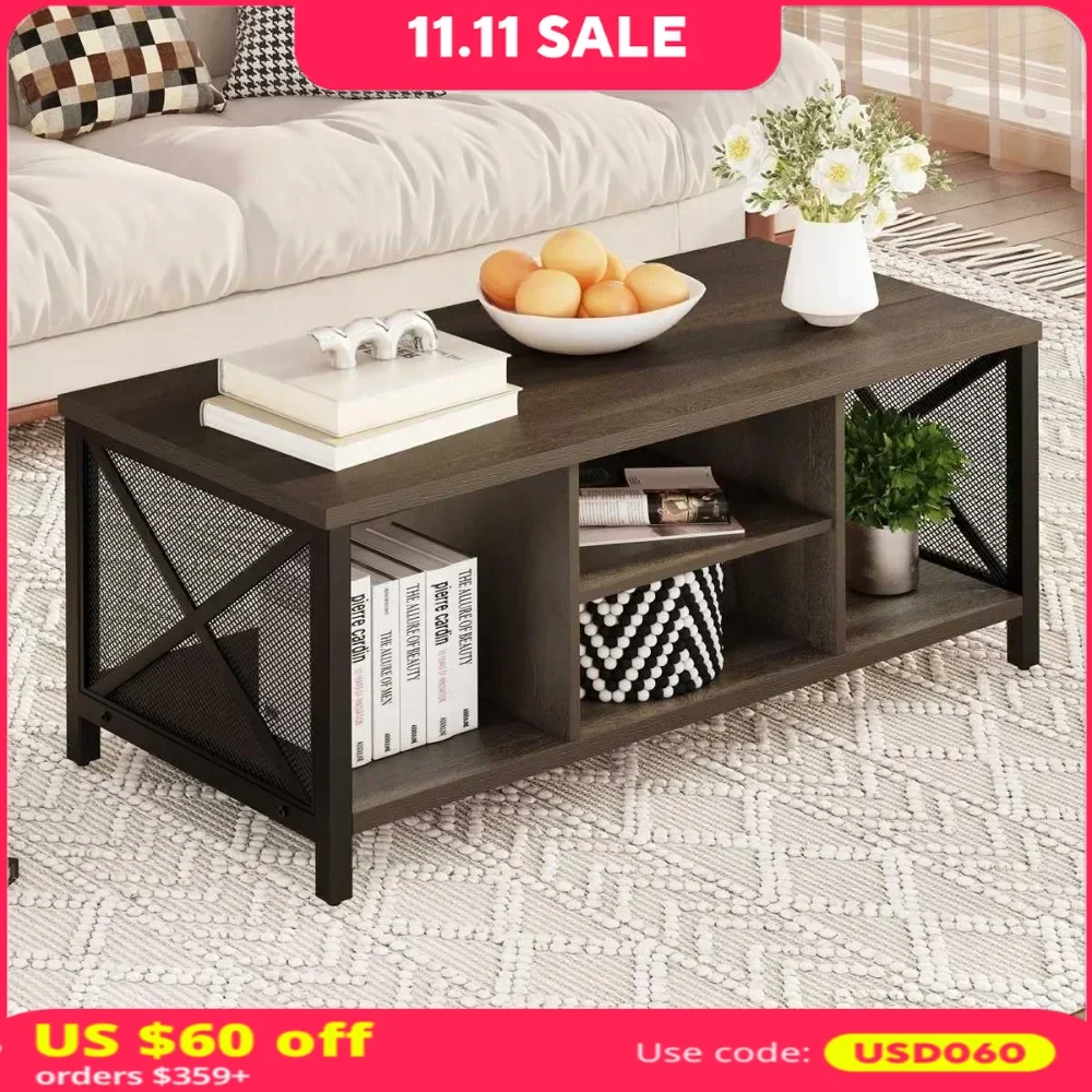 Mesa de centro rectangular industrial Rural, Centro de madera oscura de granja