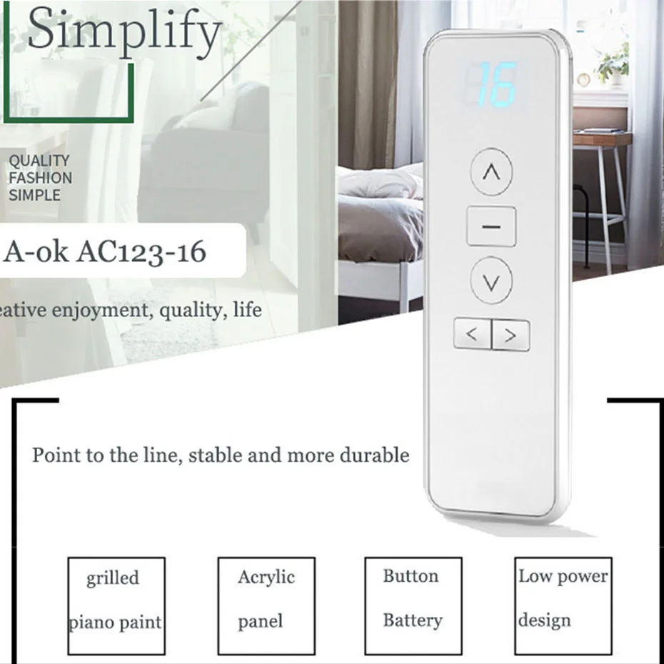 A-OK RF433 Remote Controller AC123 / AC114 1/2/6/16 Channel Nirkabel Emitor untuk A-OK RF433 Tirai Motor / Tubular Motors