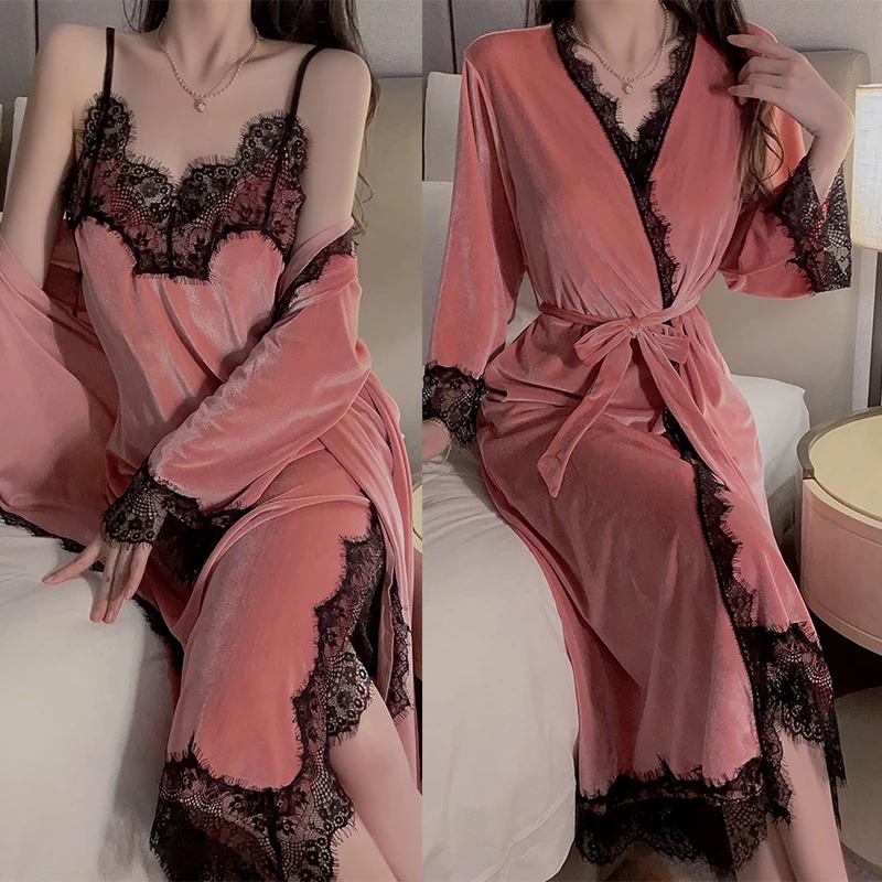 Damska ciepła welurowa odzież domowa różowy szlafrok zestaw Cami bielizna nocna zimowy szlafrok garnitur Loungewear seksowna koszula nocna długi szlafrok Kimono