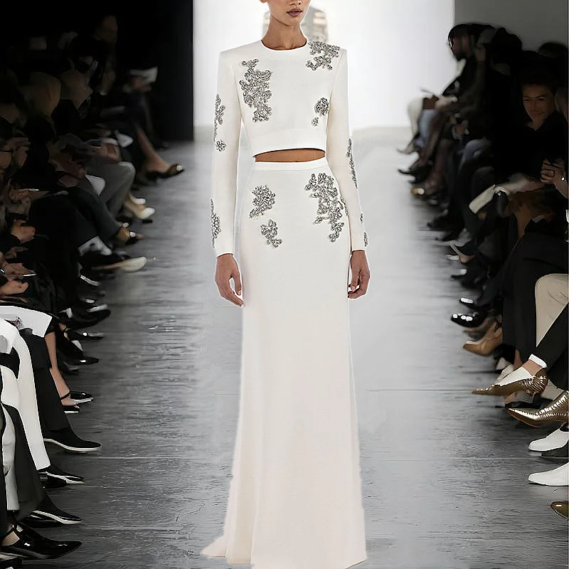 2025 New Star Level Luxus-Perlen-Diamant-Set für Damen mit langem Schwanz und Rock, zweiteiliges Set aus Polyesterfaser, lang, Sve, rund, Ne