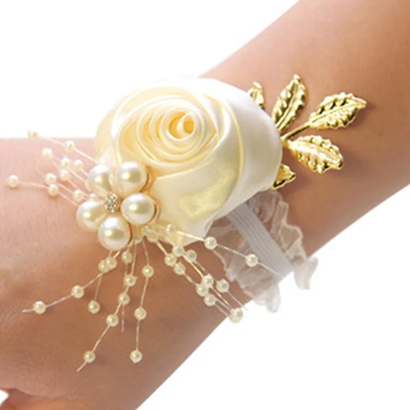 Bridesmaid Bracelet Wedding Corsage Bracelet Polyester Ribbon Rose Flowers Pearl Bow Bridel Gifts Wrist Flowers Corsage