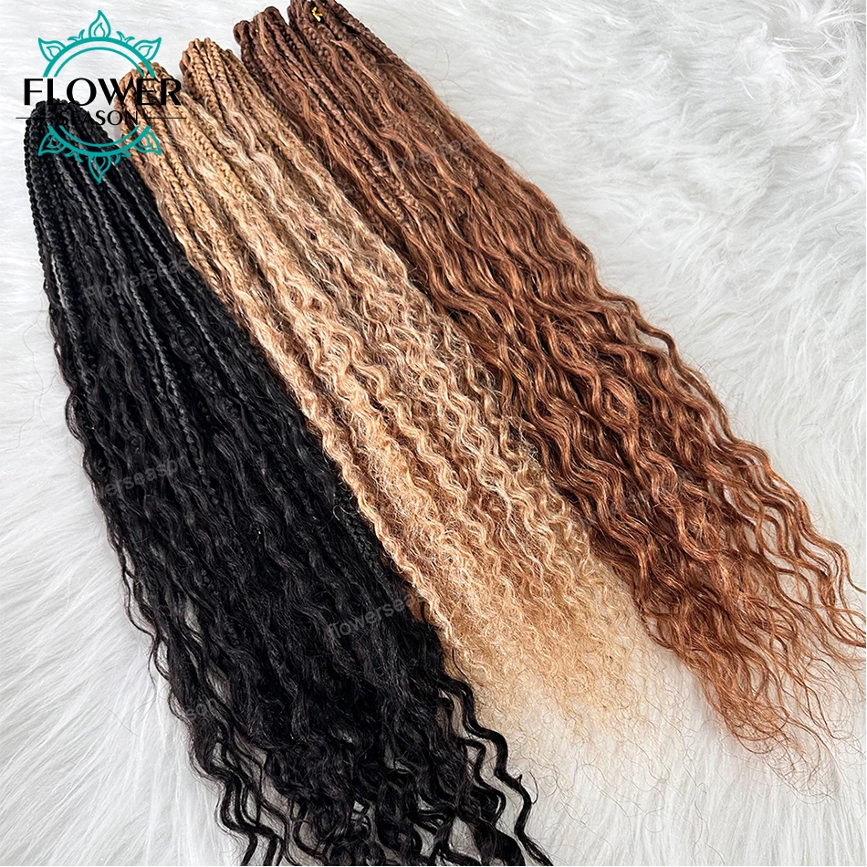 Trenzas de caja Boho de ganchillo con rizos de cabello humano #27, rubio miel, marrón, cabello preenrollado, puntas de cabello humano de onda profunda