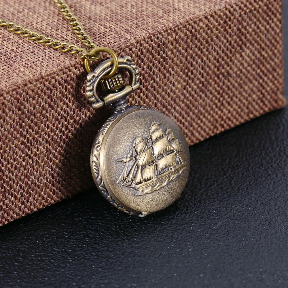 Small Cute Bronze Quartz Pocket Watch for Men Women Sail Navigation Laser Engraved Case Fob Chain Pendant Necklace Clock Gifts