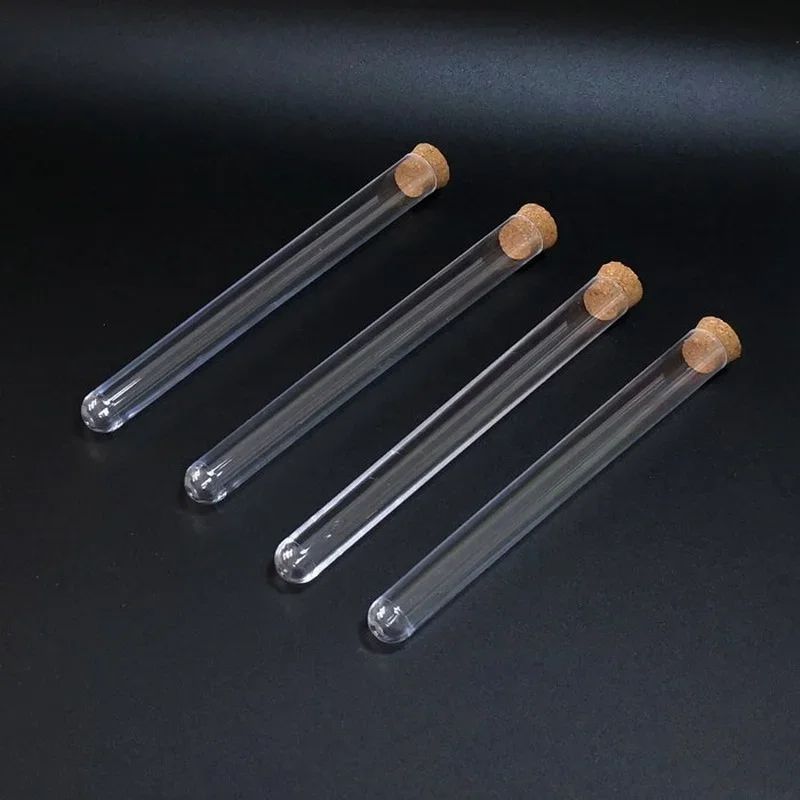 100pcs/lot Lab 15x150mm Clear Plastic Test Tube with Cork U-shape Bottom Tube with Wooden Stoppers