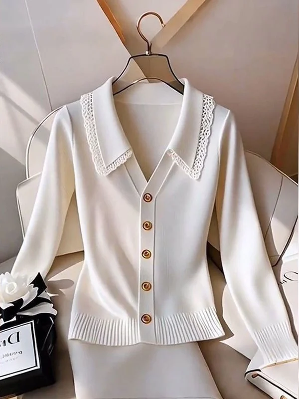 

Элегантный белый вязаный топ с кружевной отделкой и длинными рукавами в стиле Lazy Sle для женщин, новинка ранней осени, высококачественный и стильный.