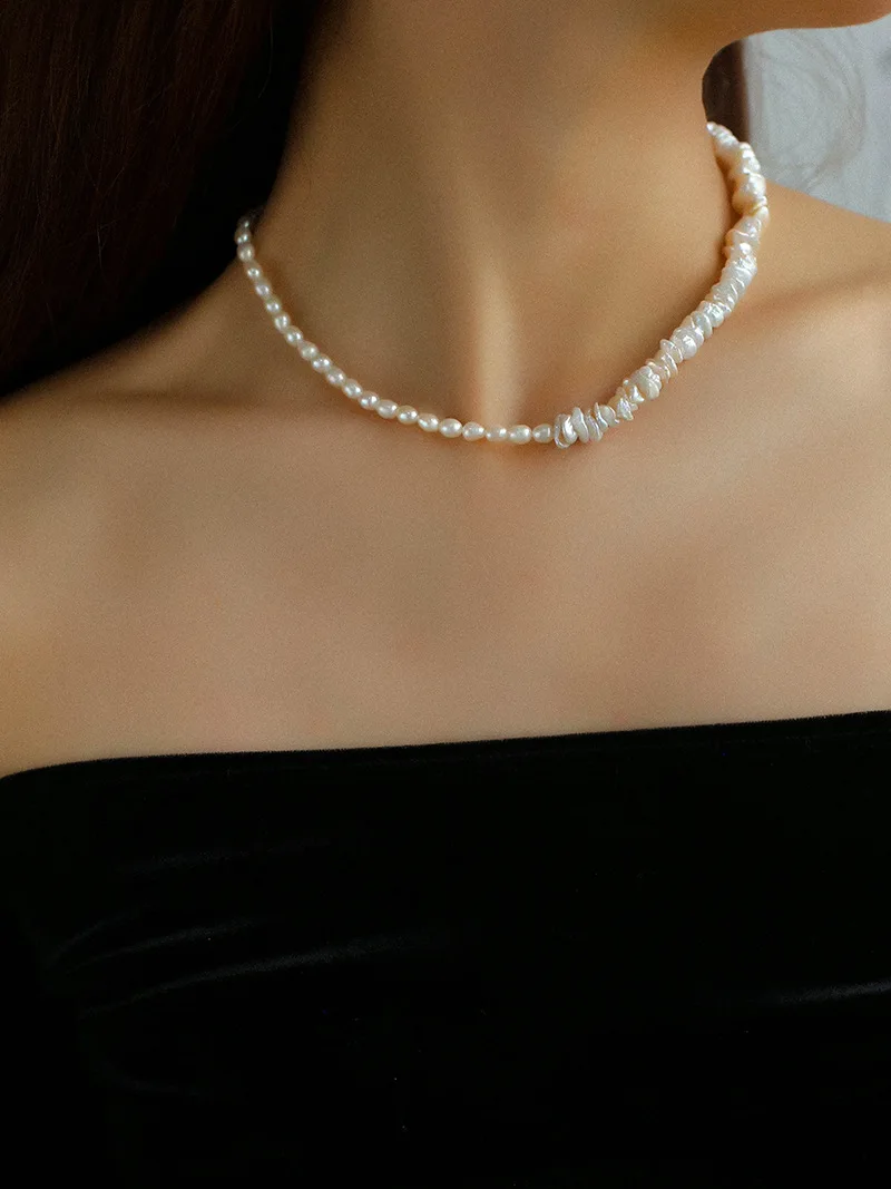 Half Natural Freshwater Baroque Pearl  Half Beads Choker Necklace Women Jewelry Punk Designer Runway Rare Gown Boho Japan Korean