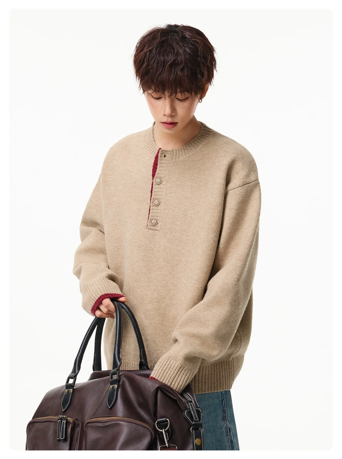 Men's Round-Neck Sweater Button-Up Soft Skin-Friendly Solid Casual Retro Loose-Fit Color-Blocked Pullover Knit Sweater