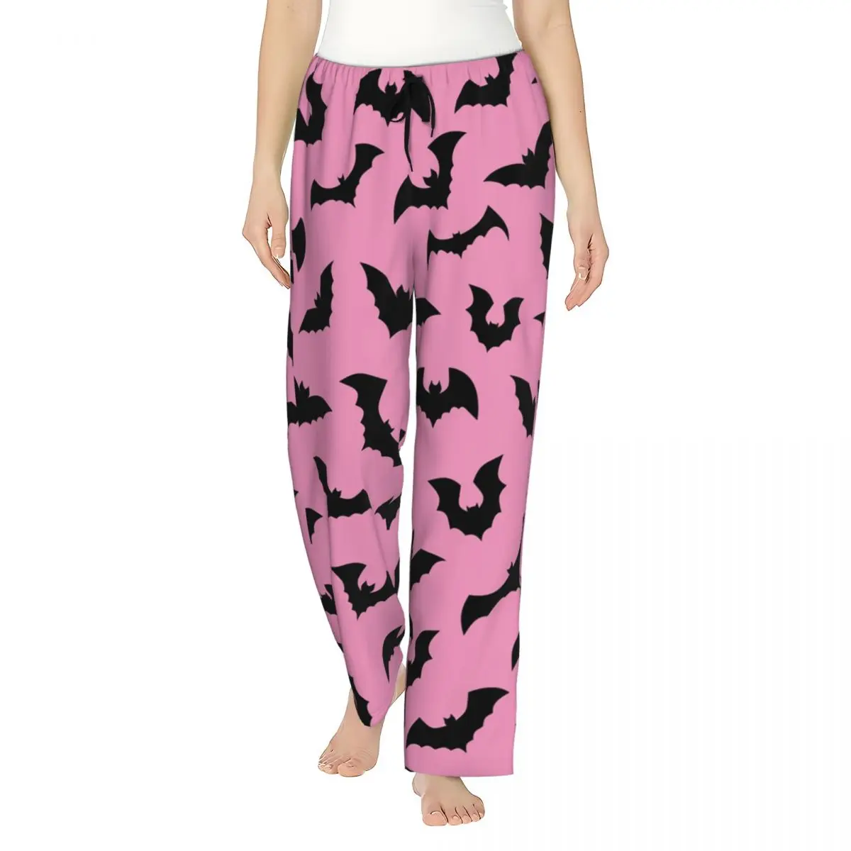 Custom Print Women Pastel Goth Pink Black Bats Pajama Pants Halloween Witch Sleepwear Sleep Lounge Bottoms with Pockets