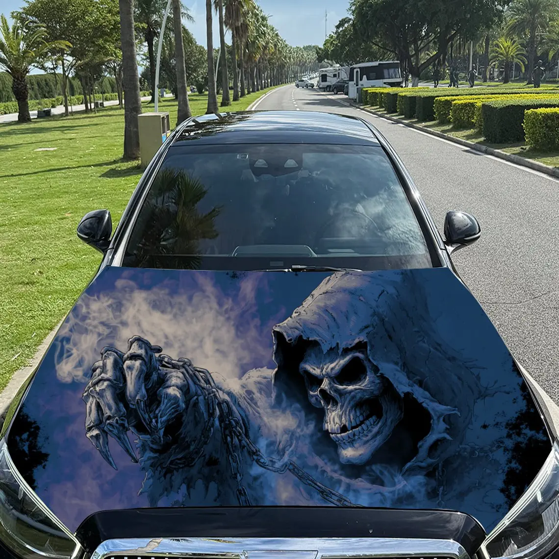 

Dreamy Grim Reaper in a Dark and Mystical Scene PVC Car Engine Hood Vinyl Wraps, Self-Adhesive Waterproof Car Hood Decal Sticker