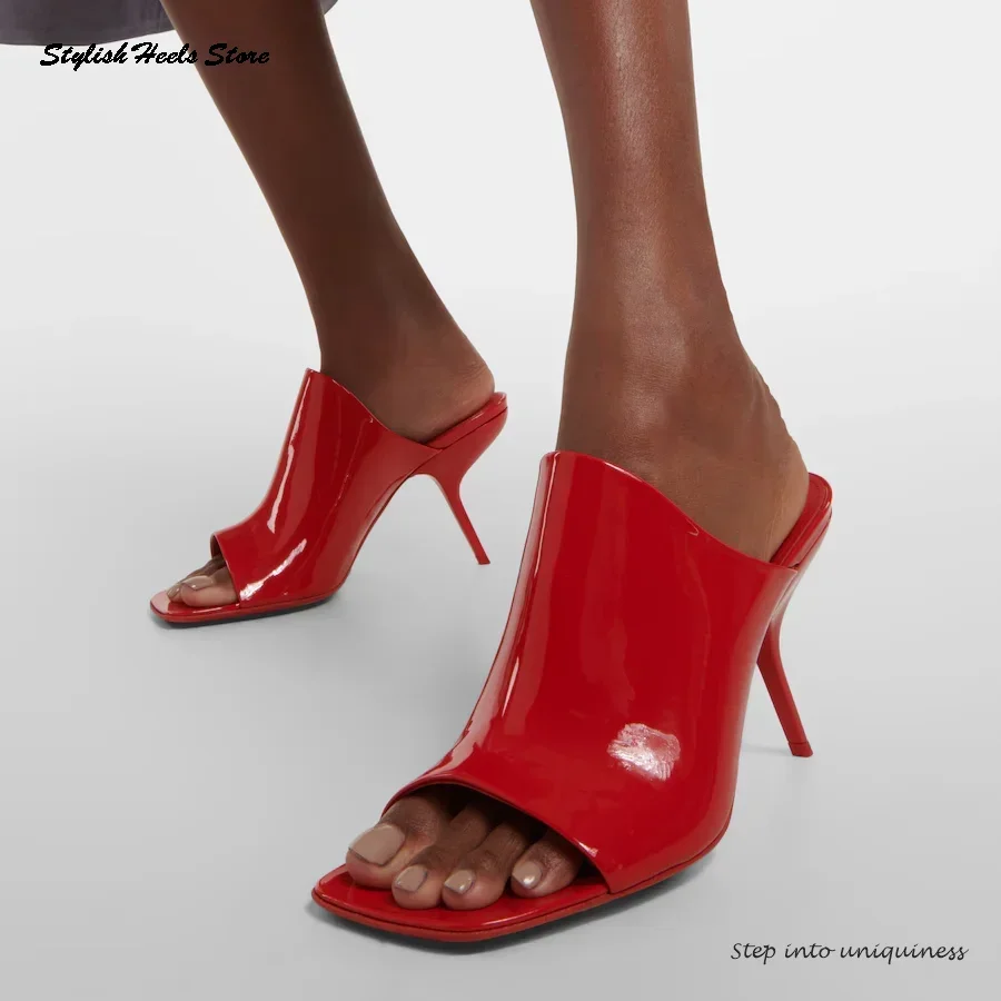

Stylish Red Patent Leather Mules Elegant Square Open Toe Pull On High Heels Women's Shoes Classic Party Dress Office Slippers