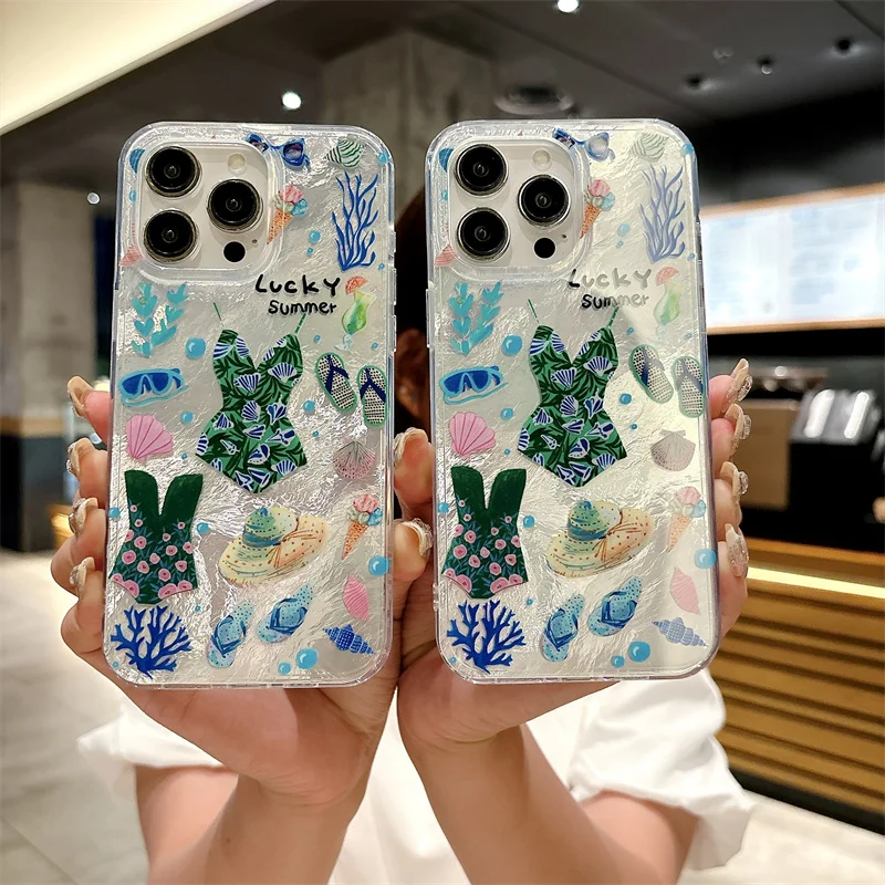 Fashion Cool Summer Phone Case For iPhone 15 Pro 12 14 13 Pro Max 11 Cover Cute Swimsuit Hat Pattern Silicone Shockproof Cases