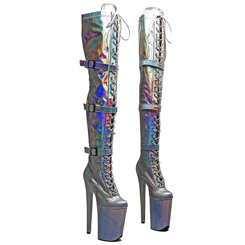 Leecabe  23CM/9inches Shiny  holography PU  upper Sexy boots  Fashion trend    High Heels Platform Pole Dance shoes