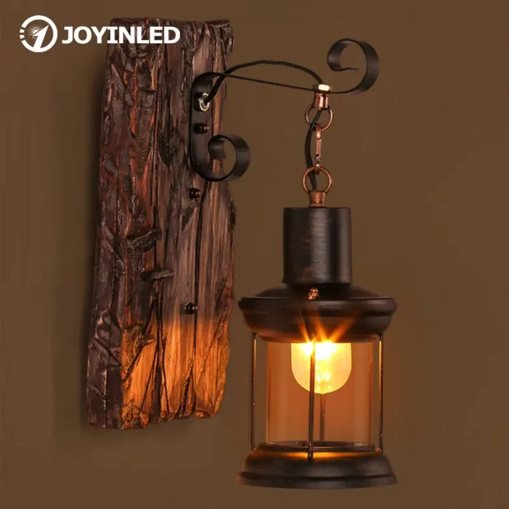 JOYINLED Outdoor Antique Loft Wall Lamp Wood Glass Restaurant Cafe Bar Sconces Vintage Industrial Retro Wall Sconce for Bedroom