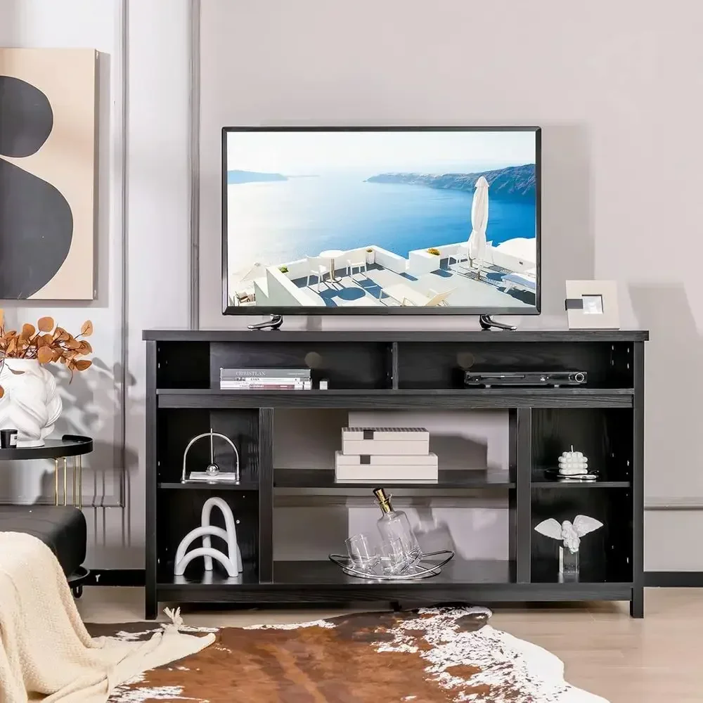 65 TV Stand with Adjustable Shelves, Cable Management, and Wooden Entertainment Center for Living Room (Black)