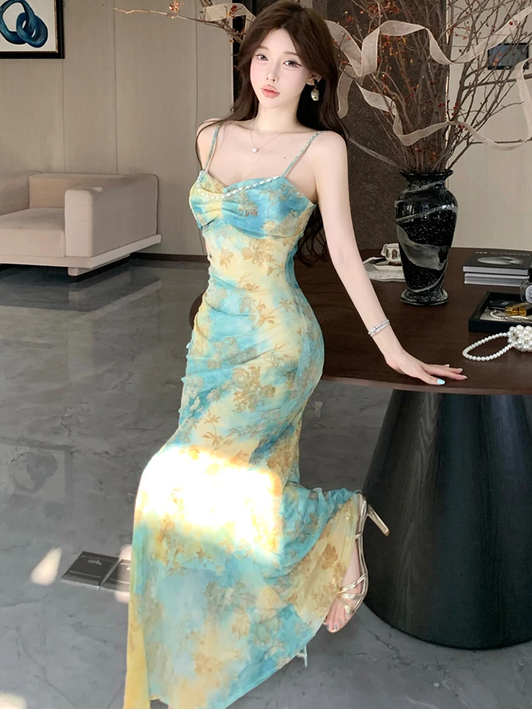 2025 Nuova maglia stampa chic perline fionda vestito sexy estate Boho eleganti abiti casual donna moda coreana aderente vestito da festa