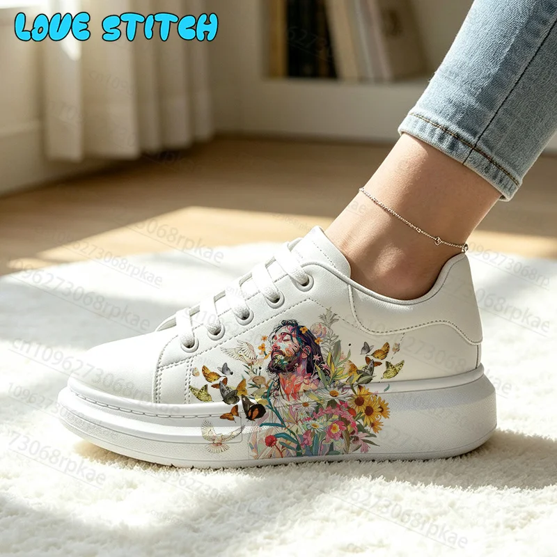 2027 Jesus Spiritual Art Floral Cross Graphic Print Lace‑Up Casual Shoes for Man Woman Non‑Slip Thick Platform White Sneakers