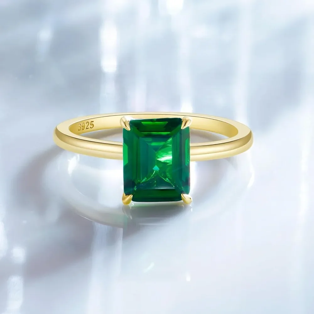 Trumium 3CT 925 Sterling Silver Emerald Engagement Rings for Women Gold Plated Emerald Cut Birthstone Gemstone Rings for Girl