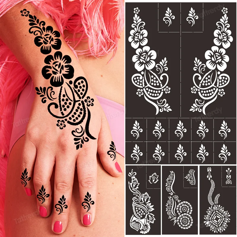 Henna Tattoo Stencil Glitter Hand Tattoo Stencils Templates Supplies Body Designer Bride Indian Tattoo Drawing Resuable Stencil