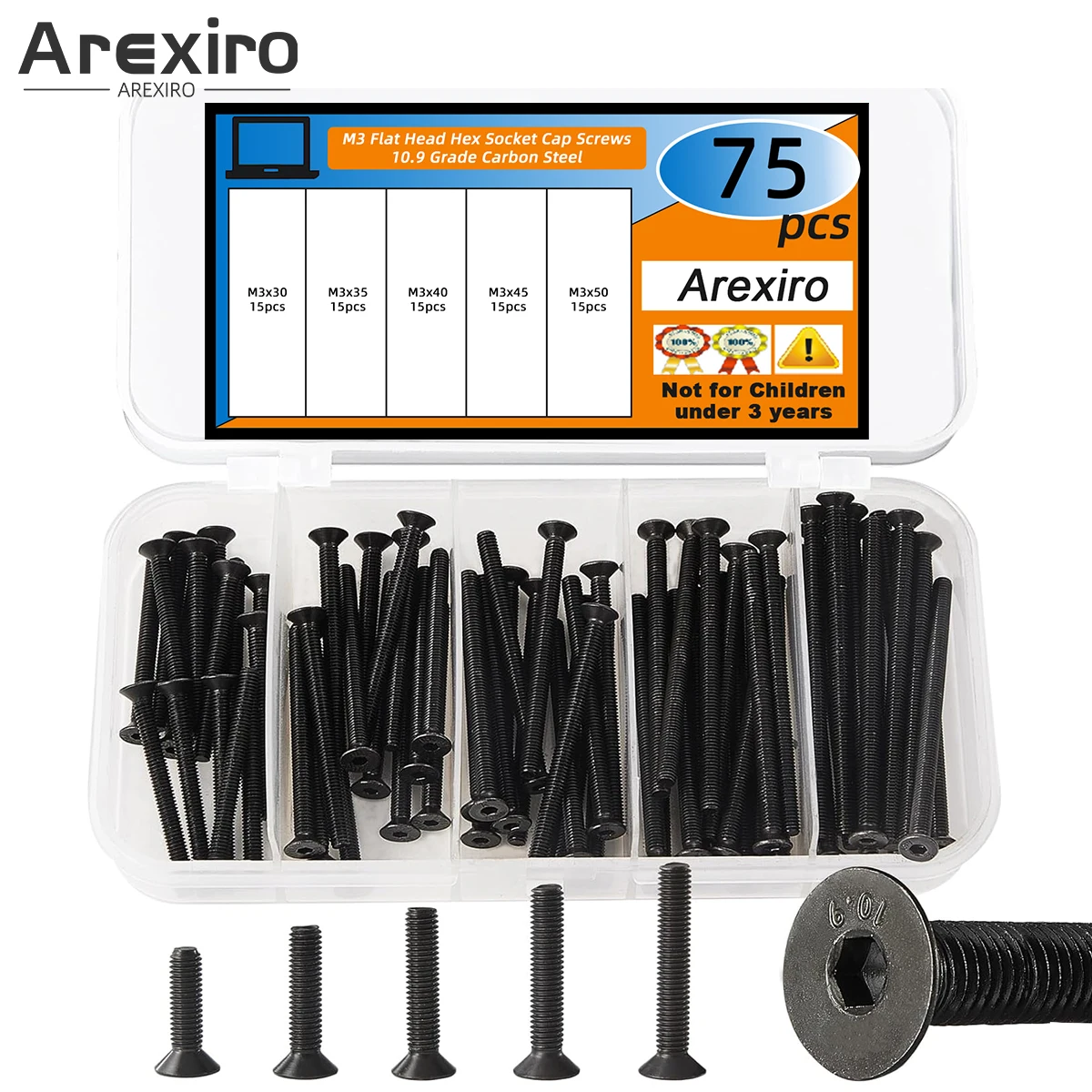 75Pcs M3x30/35/4045/50mm Flat Head Hex Screw Countersunk Bolt Grade 10.9 Carbon Steel