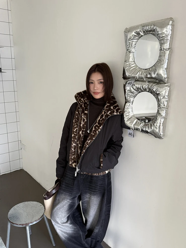 

Ретро-пуховик YOU2025 зимний, утепленный, свободного кроя, женский, с мехом, леопардовым принтом, теплый, с воротником-стойкой, на молнии, модель ort Sle