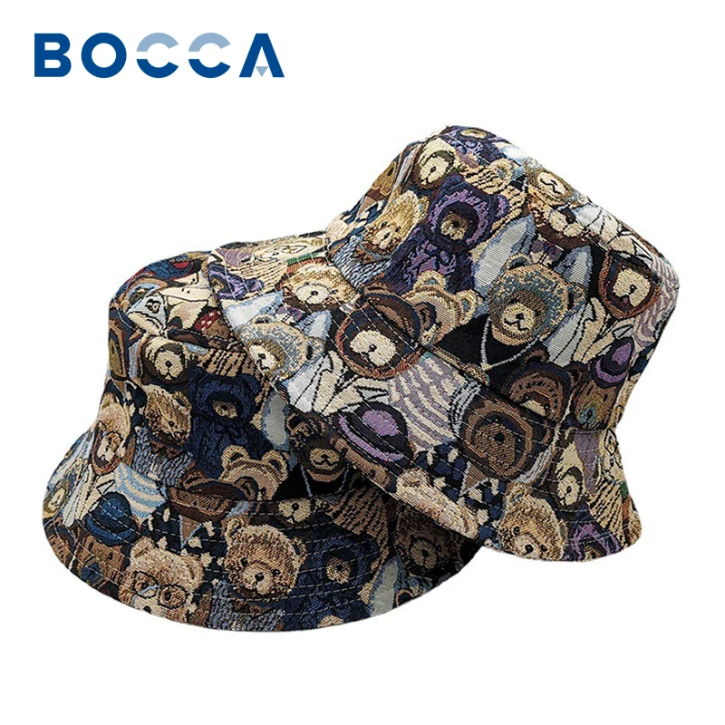 Bocca Bear Embroidery Bucket Hat Autumn Winter Panama Fisherman Hats Thick Foldable Adjustable Korea Style Outdoor Fashion Cap