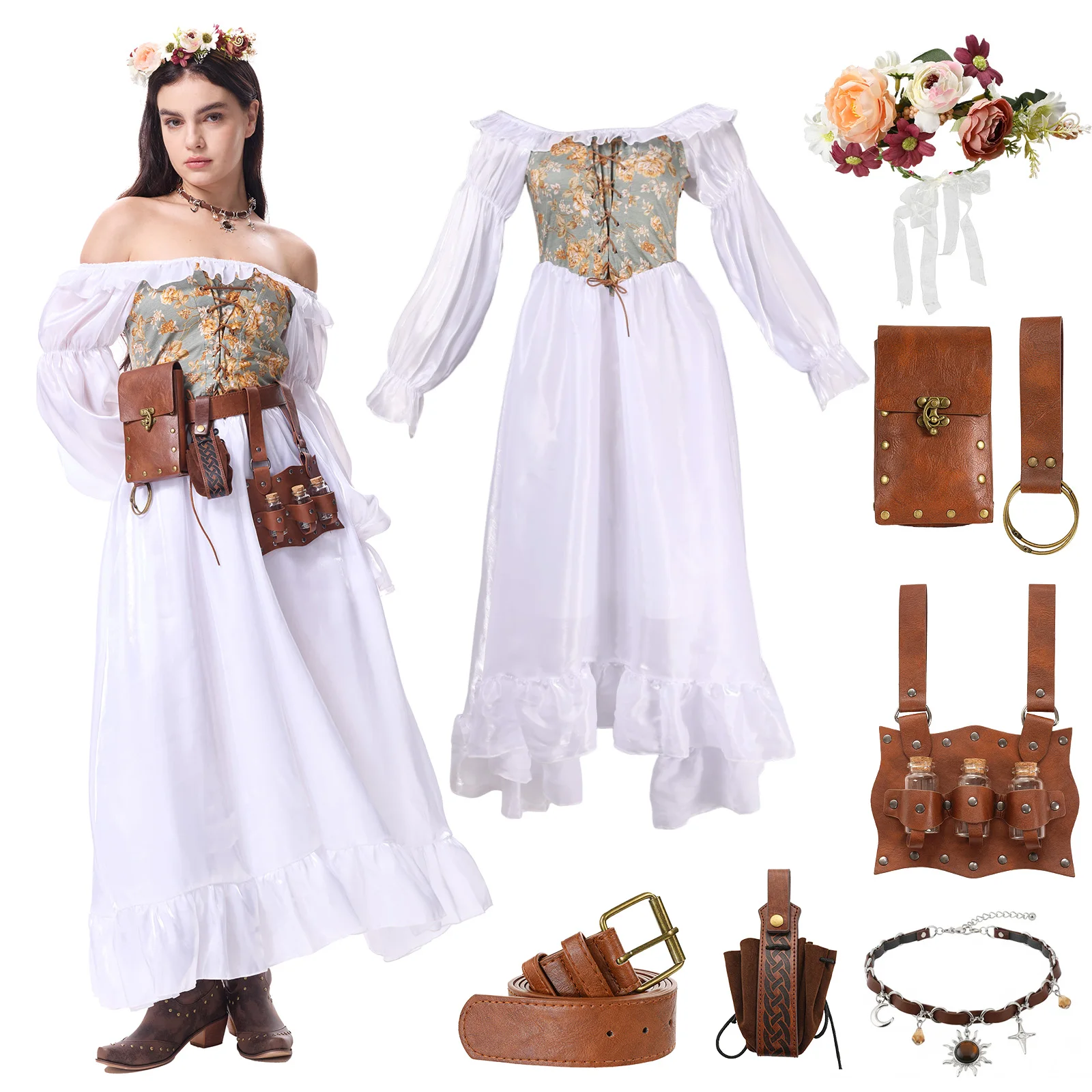 

Medieval Costume Women Medieval Dress Gothic Tube Dress Vintage Leather Magic Accessories Renaissance Cosplay Halloween Costume