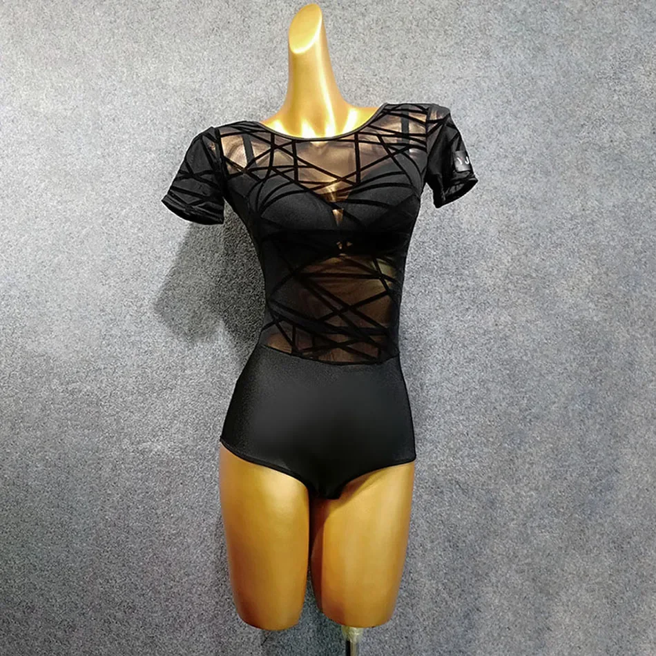 

Sexy Women Latin Dance Bodysuit Latin Dancing Tops Short Sleeve Bare Back Cloth Tango Chacha Dancing Performamnce T006