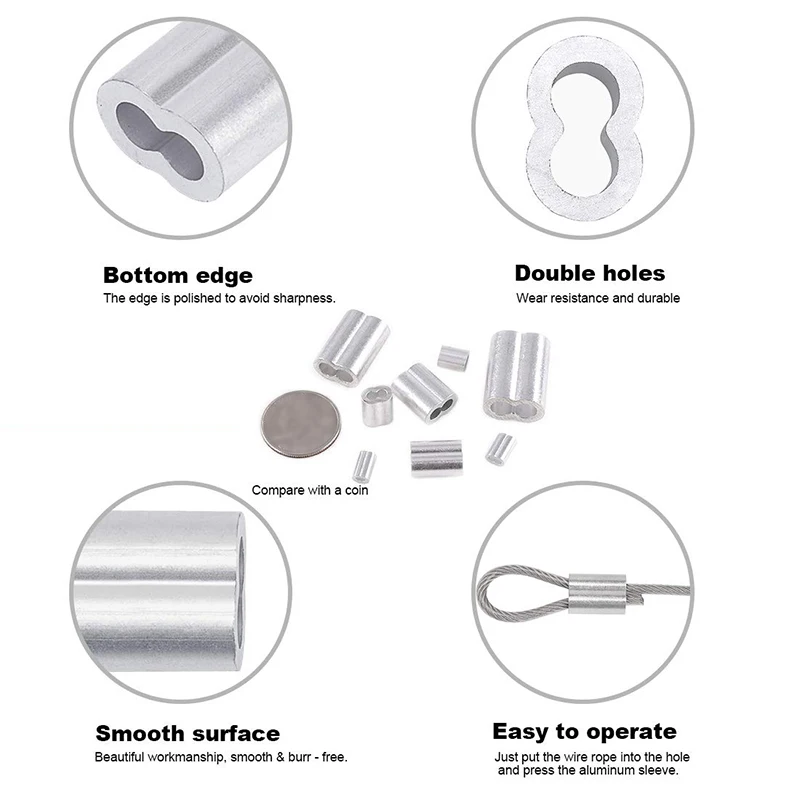 315-Pieces 8 Sizes Aluminum Crimping Loop Sleeve Double Barrel Ferrule for Wire Rope and Cable Line End Assortment Kit - M1.2-M6
