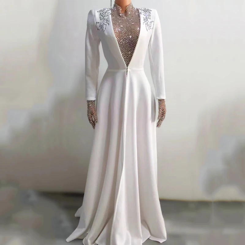 Błyszcząca sukienka z kryształkami białe suknie wieczorowe kobiety urodziny świętuj kostium suknia ślubna pokaz sceniczny strój festiwalowy XS5655