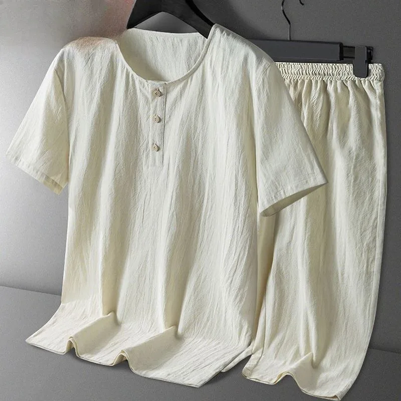Pijamas de Verano de Lujo Ligero para Hombre, Algodón Nube, Talla Grande, Color Sólido, Estilo Simple, Conjunto de Ropa de Dormir Juvenil de Manga Corta, Nuevo