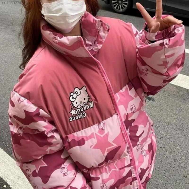 Sanrio hello kitty roupas nova estrela estilo americano solto outono inverno algodão acolchoado jaquetas mulheres camuflagem casaco na moda casal