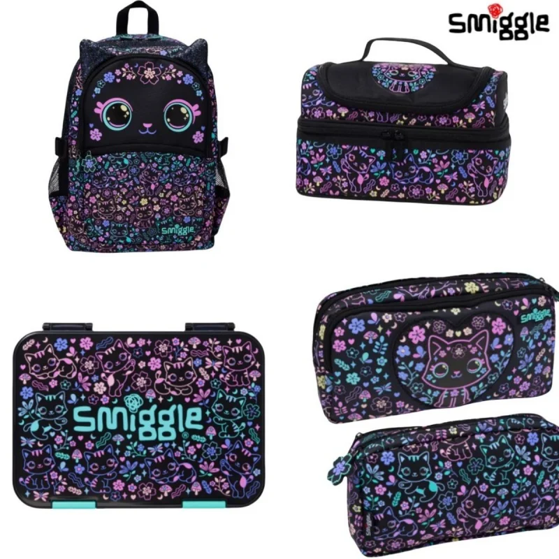 

2025 New Original Australia Smiggle Schoolbag Female Cute High-Quality Black Cat Flower Backpack Lunch Bag Student New Term Gift